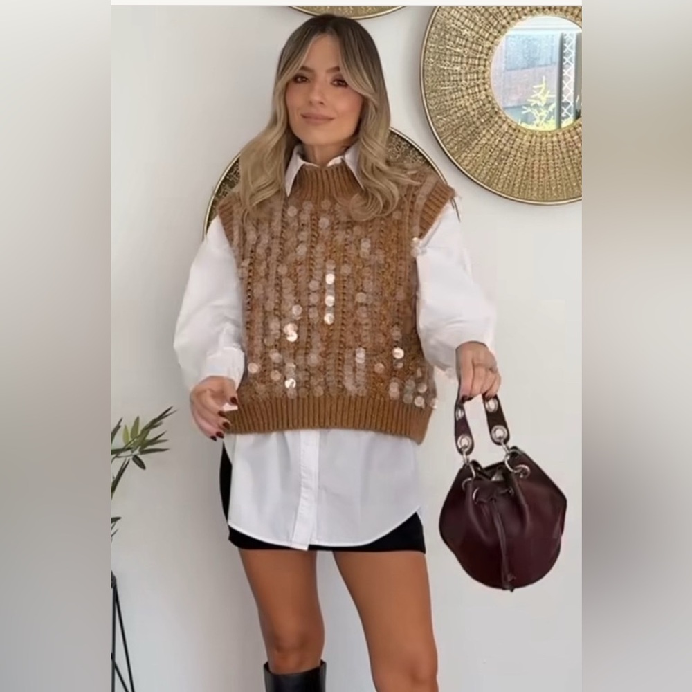 ZARA Caramel Knit Sequin Sweater Vest size large